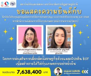 สถาบันวิจัยและพัฒนาขอแสดงความยินดีกับนักวิจัยได้รับทุนอุดหนุนโครงการวิจัยการเกษตร (App tech) ประจำปีงบประมาณ พ.ศ. 2568 จากสำนักงานพัฒนาการวิจัยการเกษตร (องค์การมหาชน) (สวก.) จำนวน 7,638,400 บาท